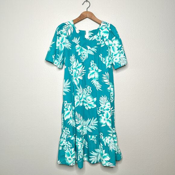 Vintage Aikane Hawaii Teal Floral Midi Muumuu Dress Women’s Size 14 - Picture 1 of 10